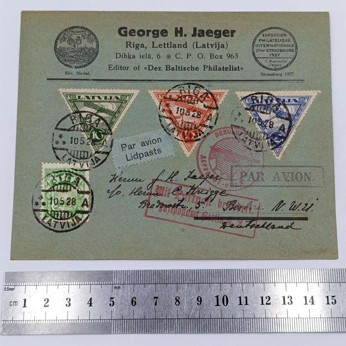 Airmail cover Riga, LATVIA to Berlin, Germany with 4 stamps cancelled 10-5-1928 various cachets