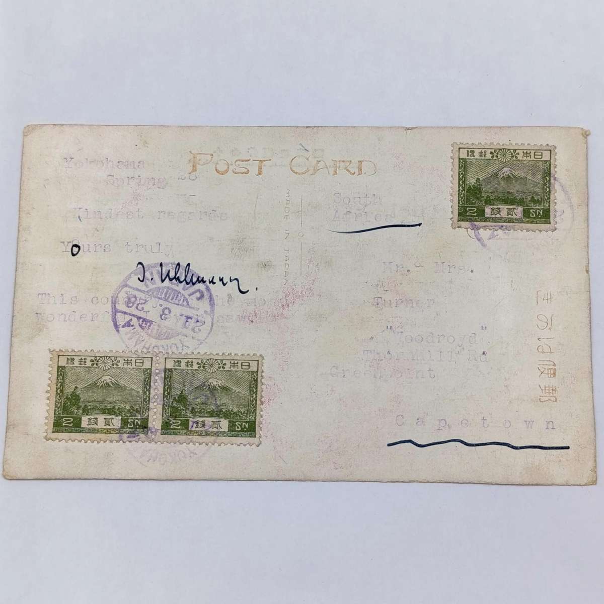 1926 Postcard Yokohama, Japan to Greenpoint, South Africa with 3x2d stamps Cherry Blossom card