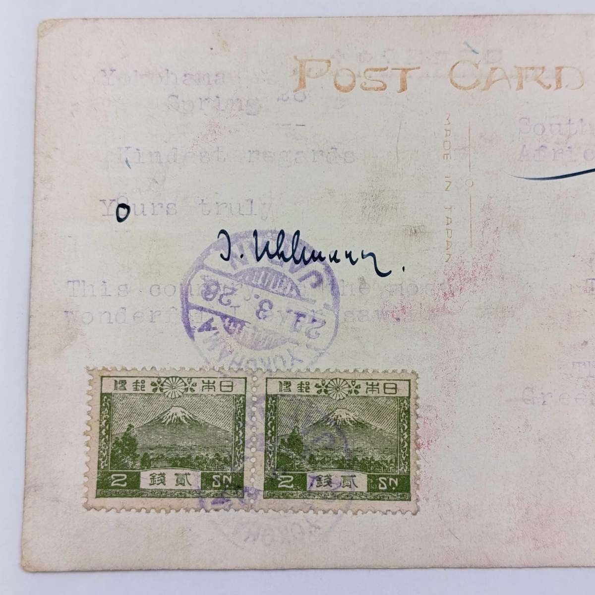 1926 Postcard Yokohama, Japan to Greenpoint, South Africa with 3x2d stamps Cherry Blossom card