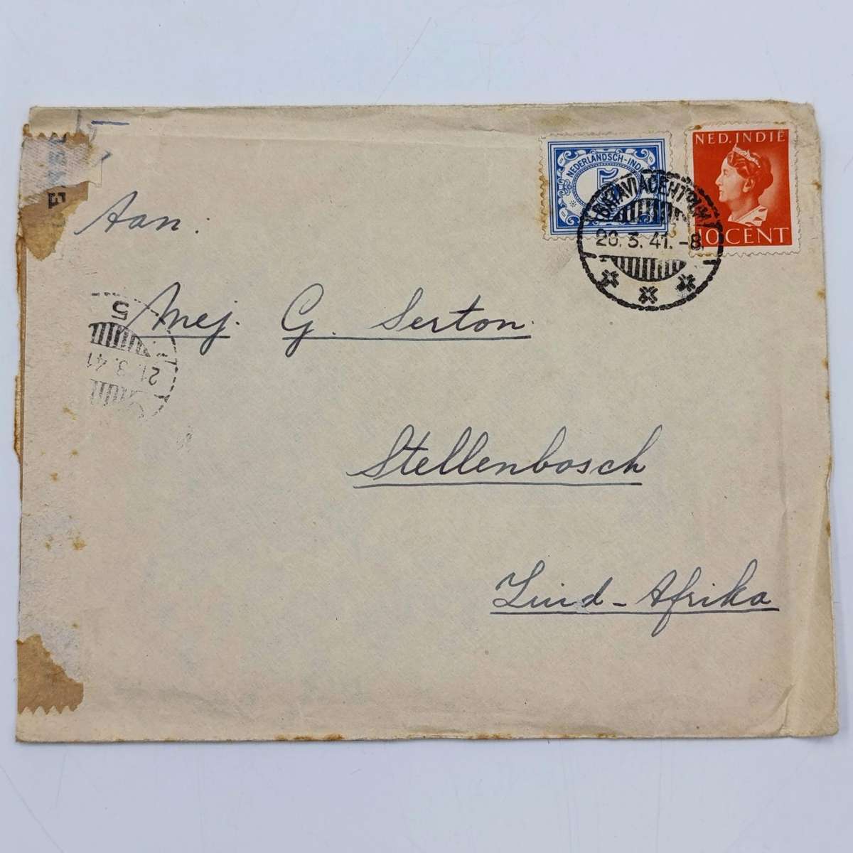 Postal cover Bataviacentrum to Stellenbosch, South Africa - Censored and posted 20 March 1941