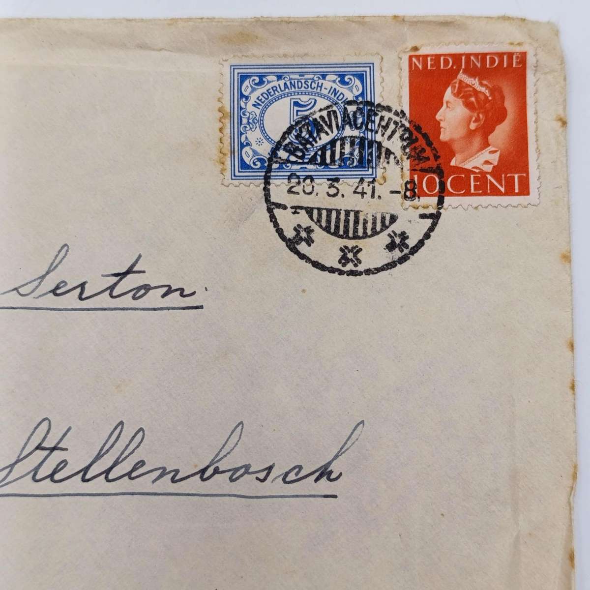 Postal cover Bataviacentrum to Stellenbosch, South Africa - Censored and posted 20 March 1941