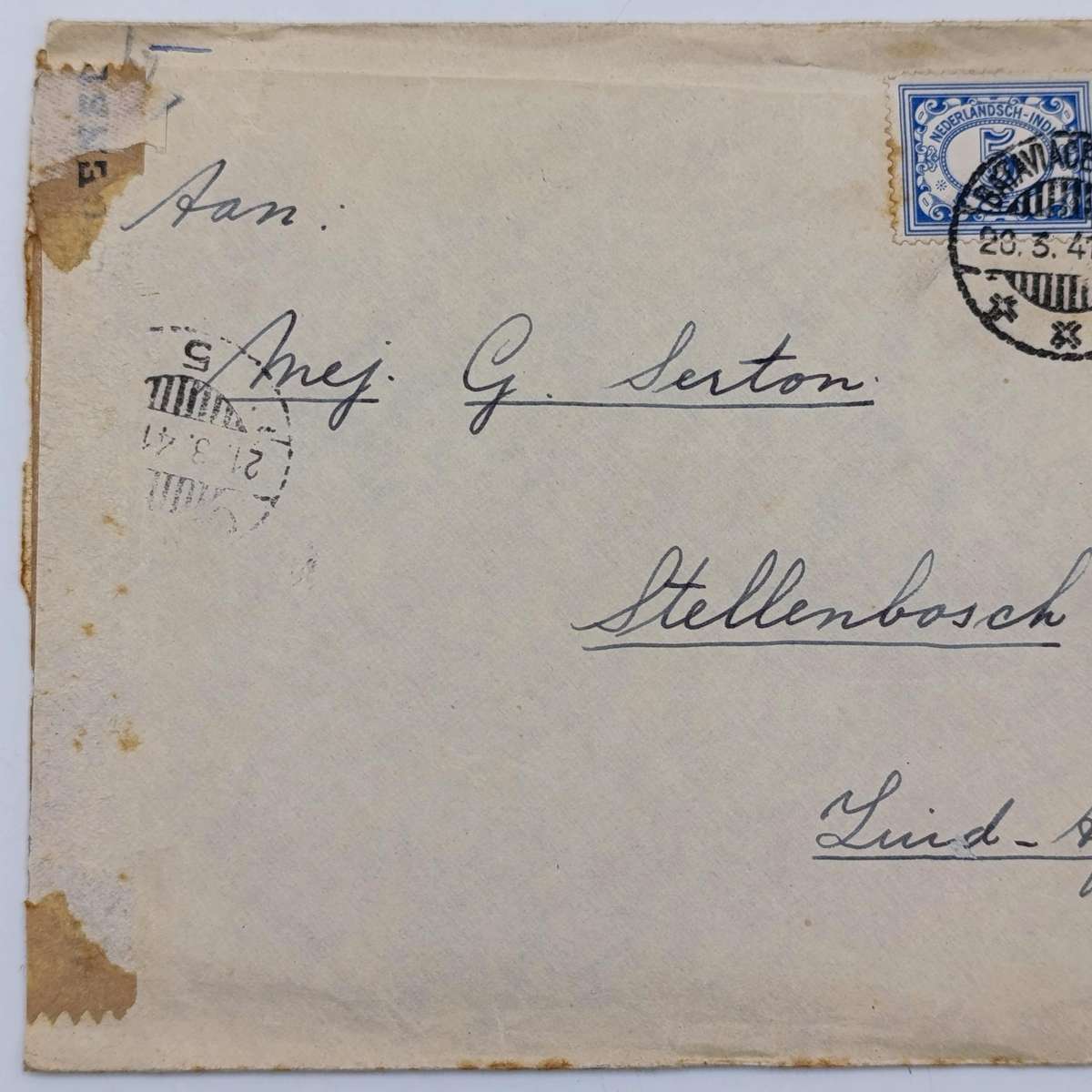 Postal cover Bataviacentrum to Stellenbosch, South Africa - Censored and posted 20 March 1941