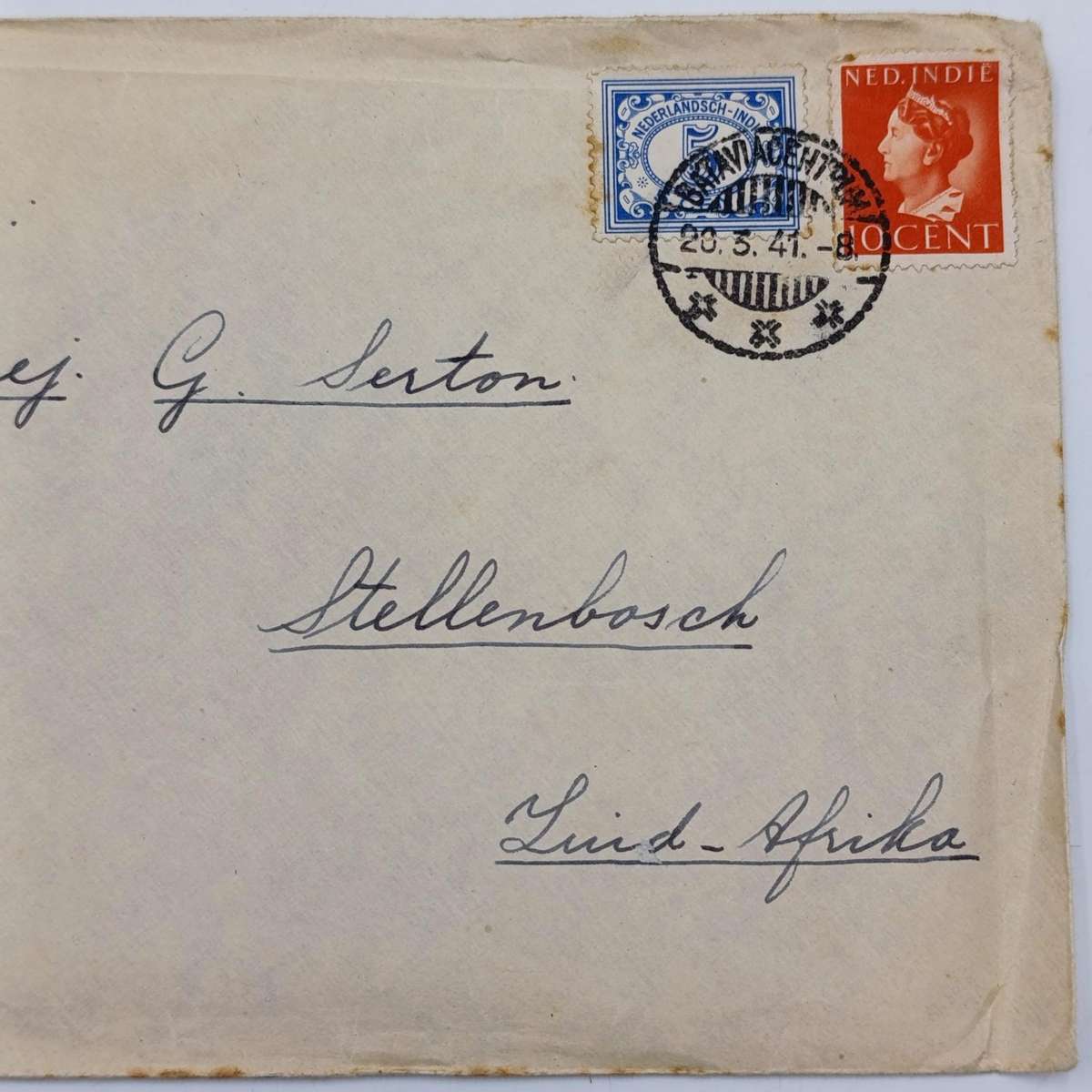 Postal cover Bataviacentrum to Stellenbosch, South Africa - Censored and posted 20 March 1941