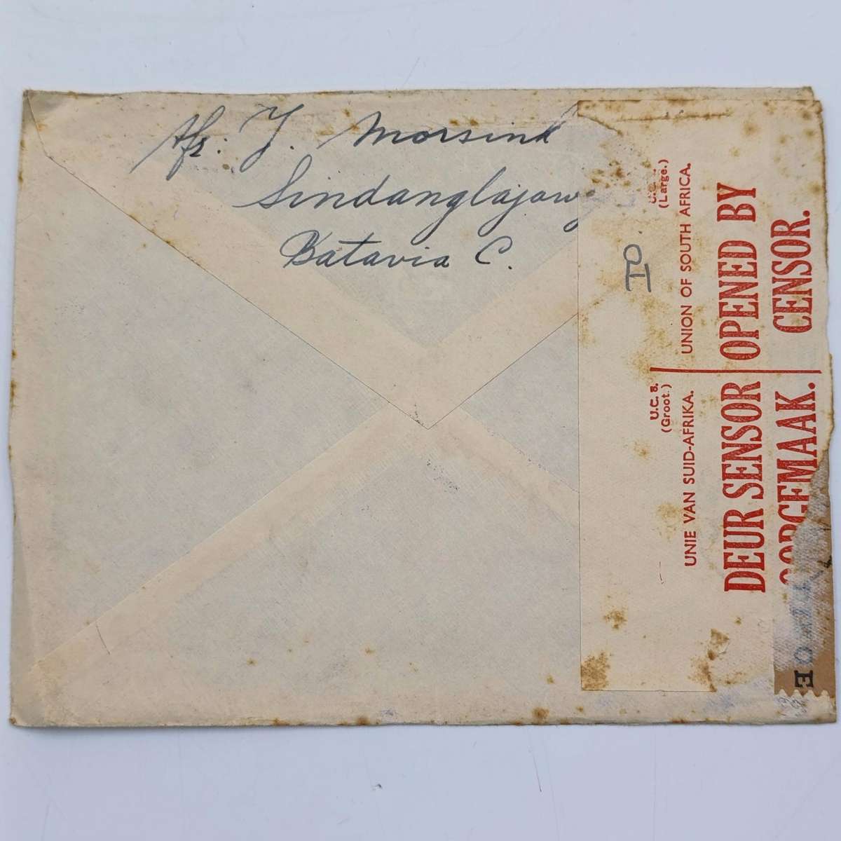 Postal cover Bataviacentrum to Stellenbosch, South Africa - Censored and posted 20 March 1941