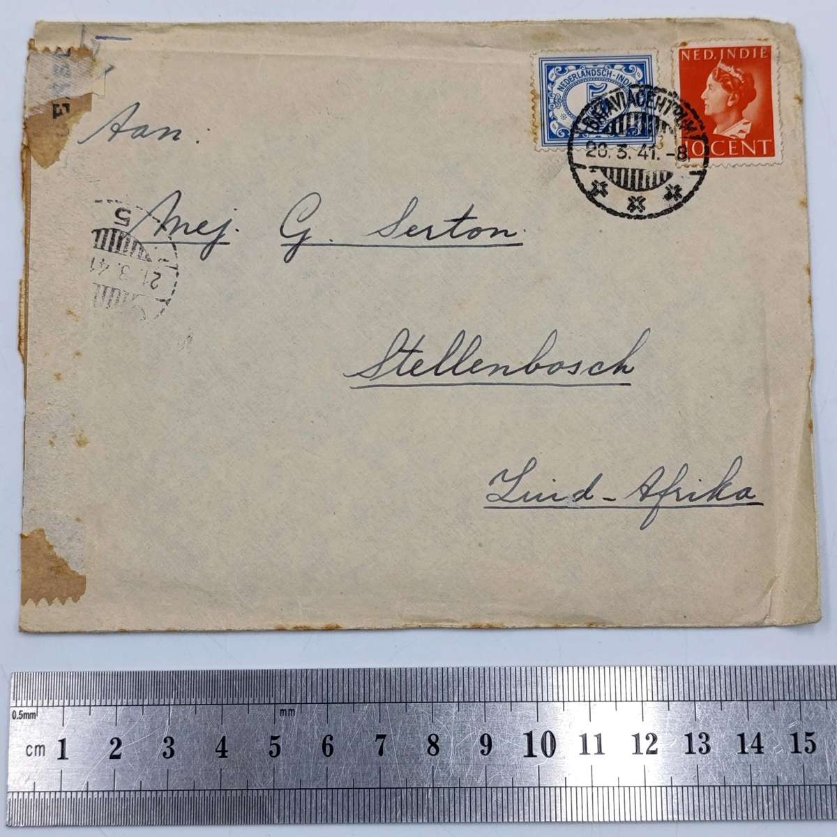 Postal cover Bataviacentrum to Stellenbosch, South Africa - Censored and posted 20 March 1941