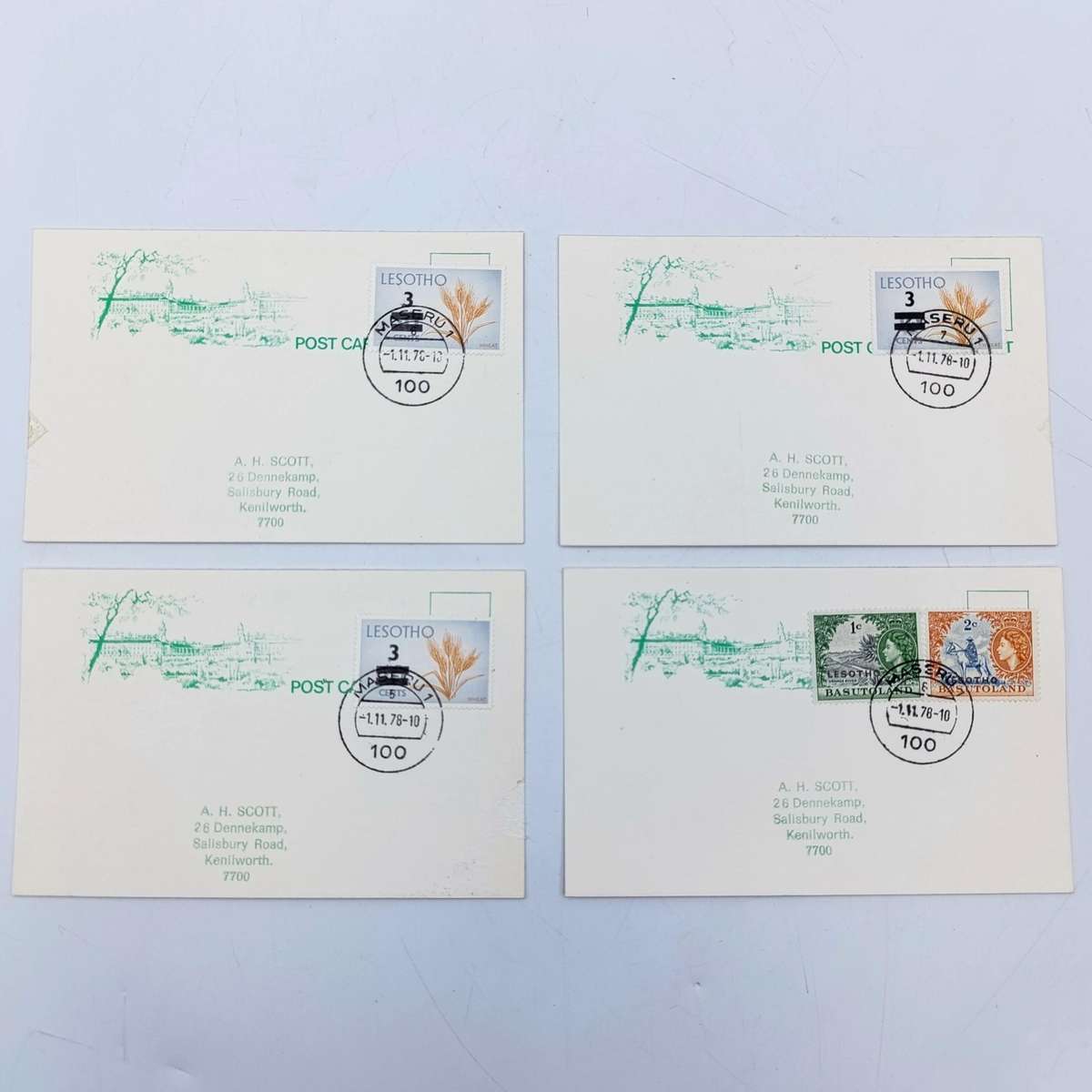 4 Postcards with Maseru, Lesotho type 1 and 2 cancellations - sold as one lot