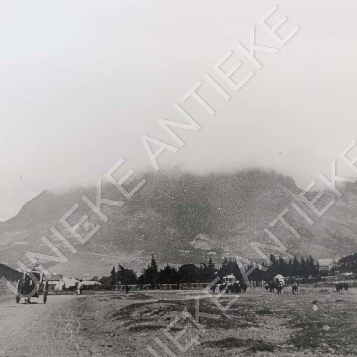 Antique photo reprint of horse cart next to Castle of Good Hope wall with Devils Peak in back