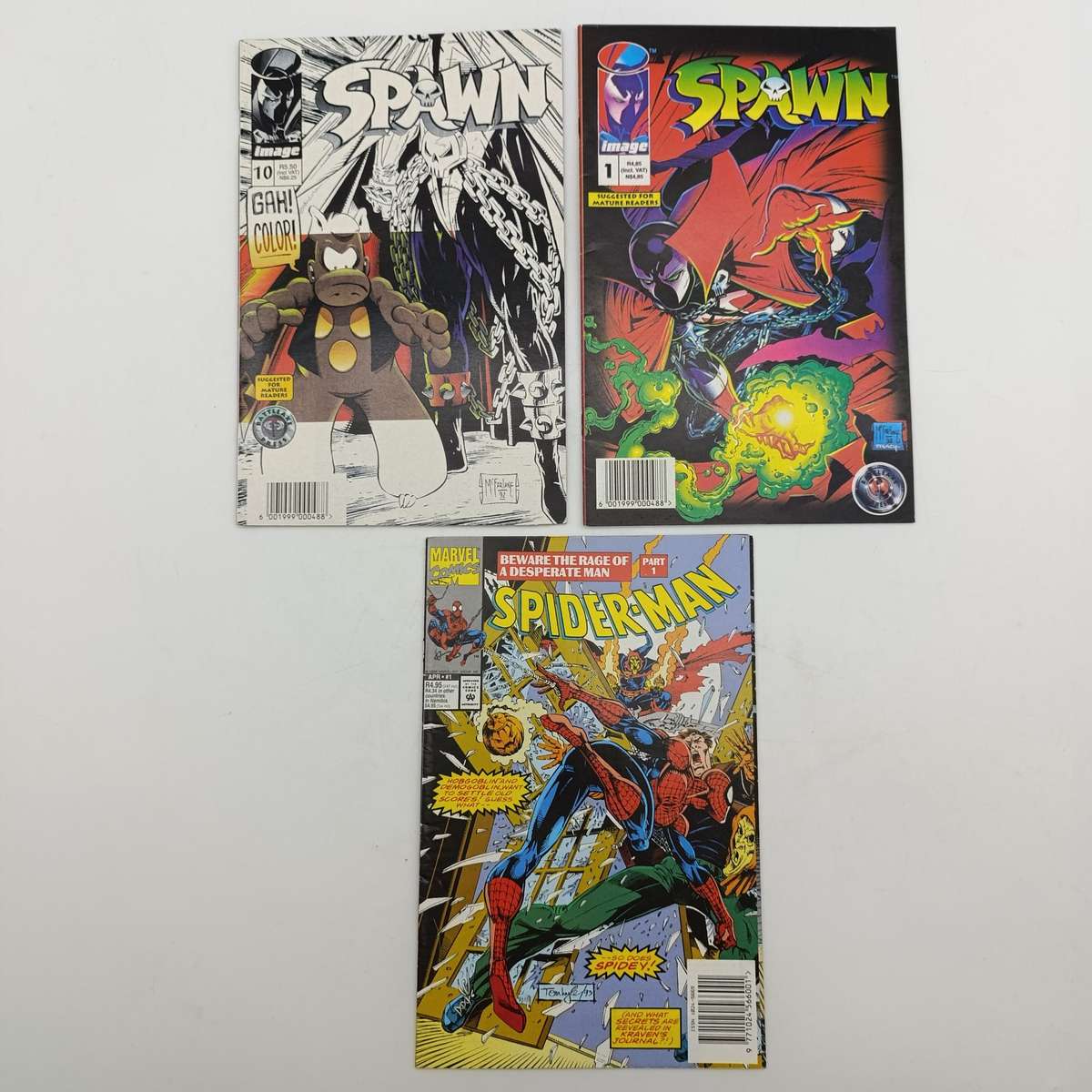 Lot of 3 vintage comics - 1995 South African issue: Spiderman 1 Spawn 1 Spawn 10