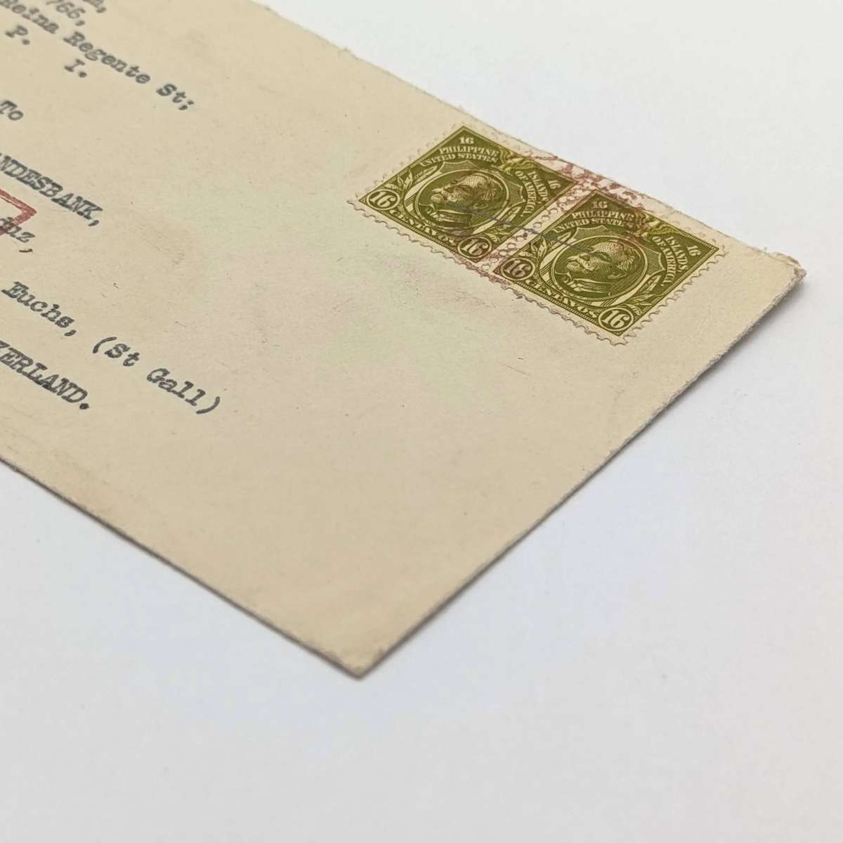 Registered 1926 letter from Manila Philippines to Switzerland 2 x 16 centavos stamps in front