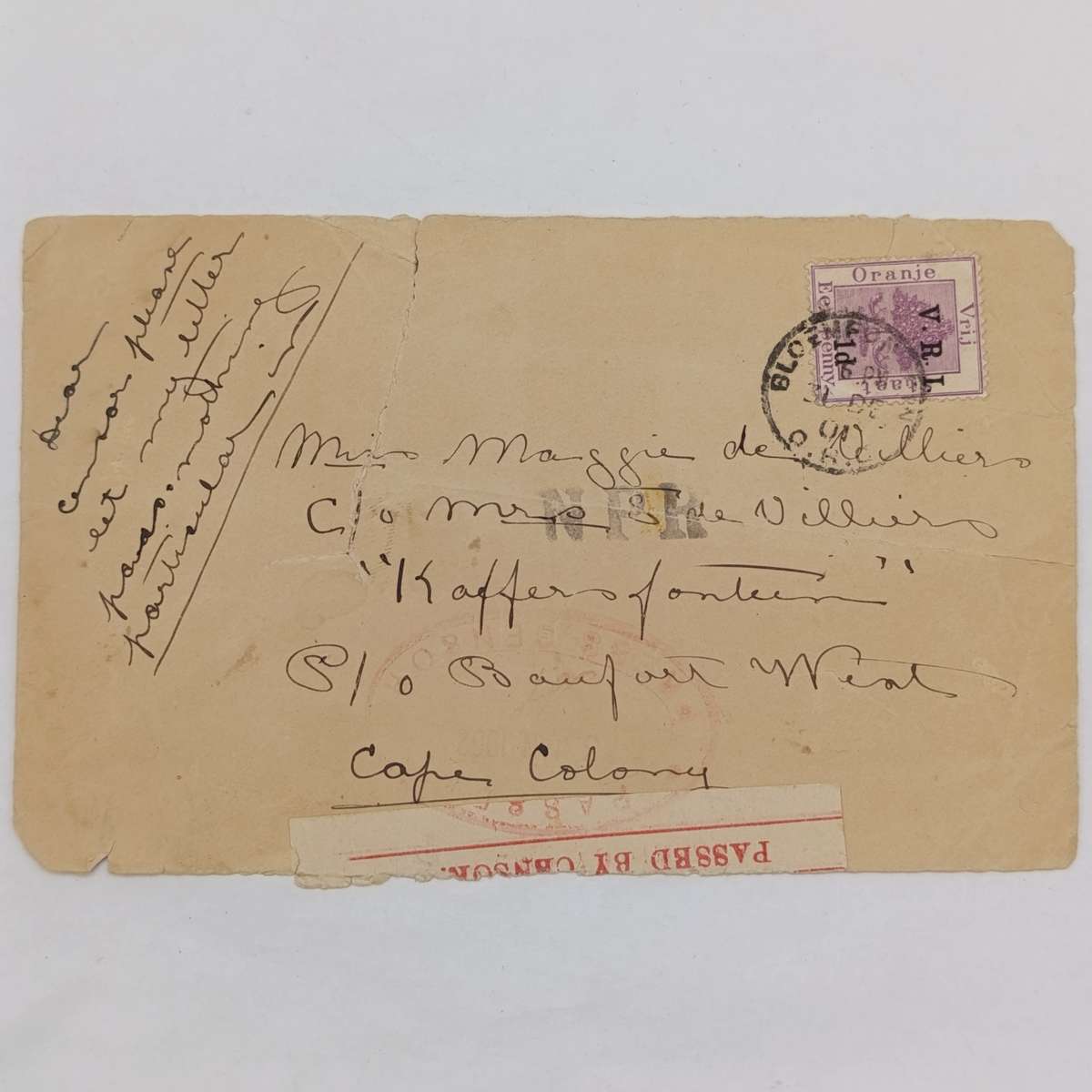 1901 Letter Front Bloemfontein to "Kaffersfontein" Cape Colony - Maggie de Villiers - passed by cens
