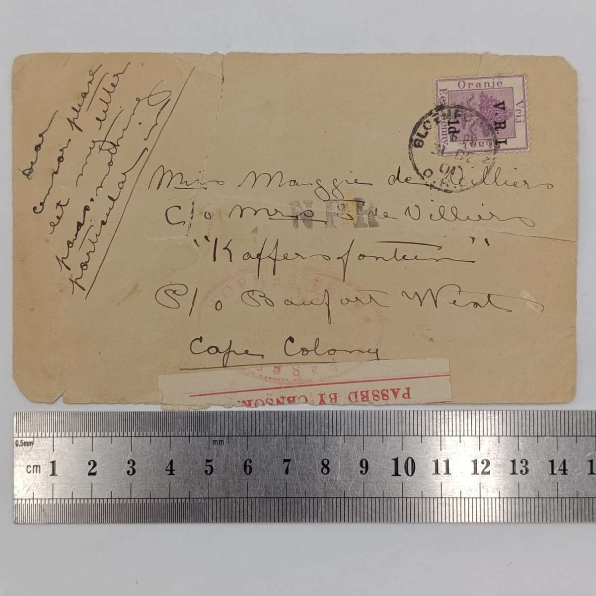 1901 Letter Front Bloemfontein to "Kaffersfontein" Cape Colony - Maggie de Villiers - passed by cens