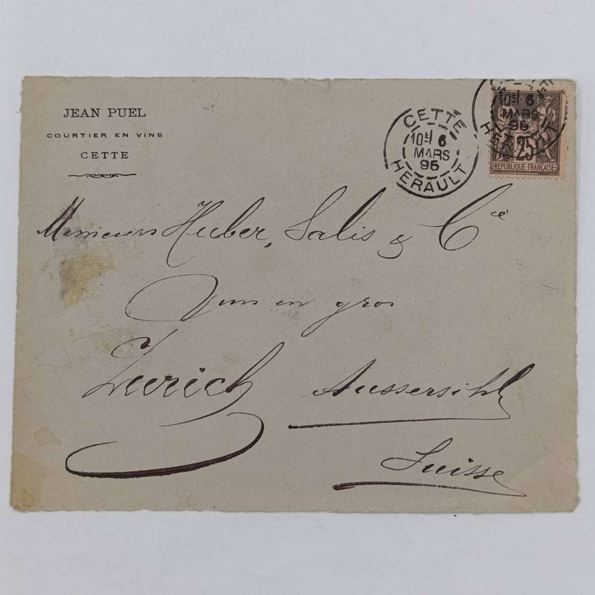 Postal Front posted from Cette Herault France on 6 March 1896 to Zurich, Swiss Canton