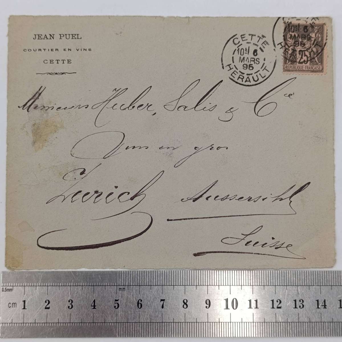 Postal Front posted from Cette Herault France on 6 March 1896 to Zurich, Swiss Canton