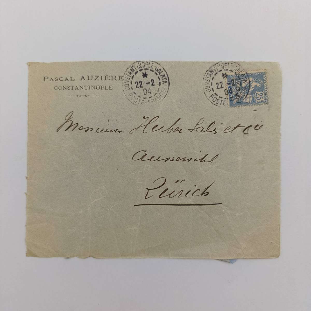 Letter front posted Constantinople, France 22-2-1904 with 25c French stamp