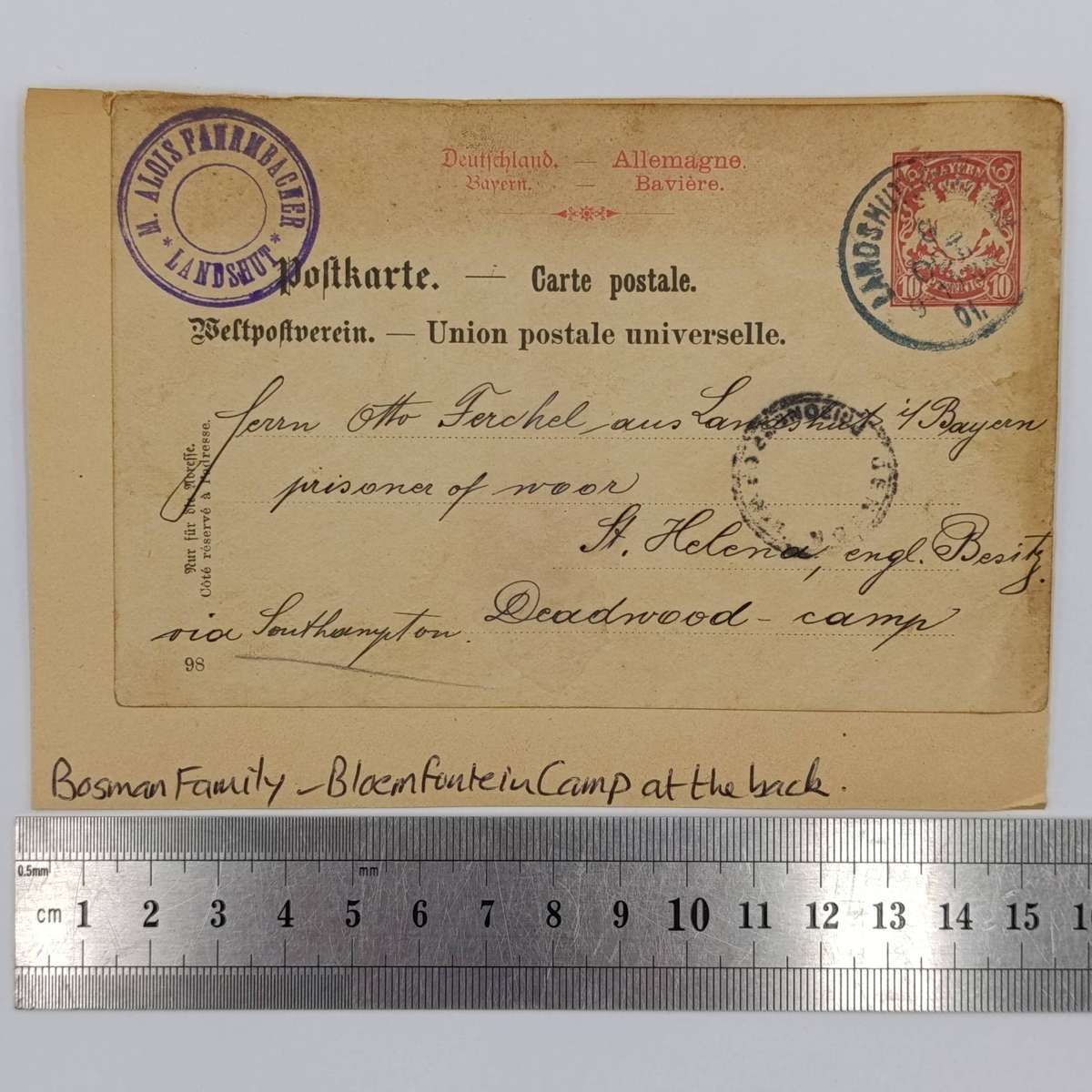 Boer War Photo of the Bosman family at the woman's camp Bloemfontein - at the back postcard posted