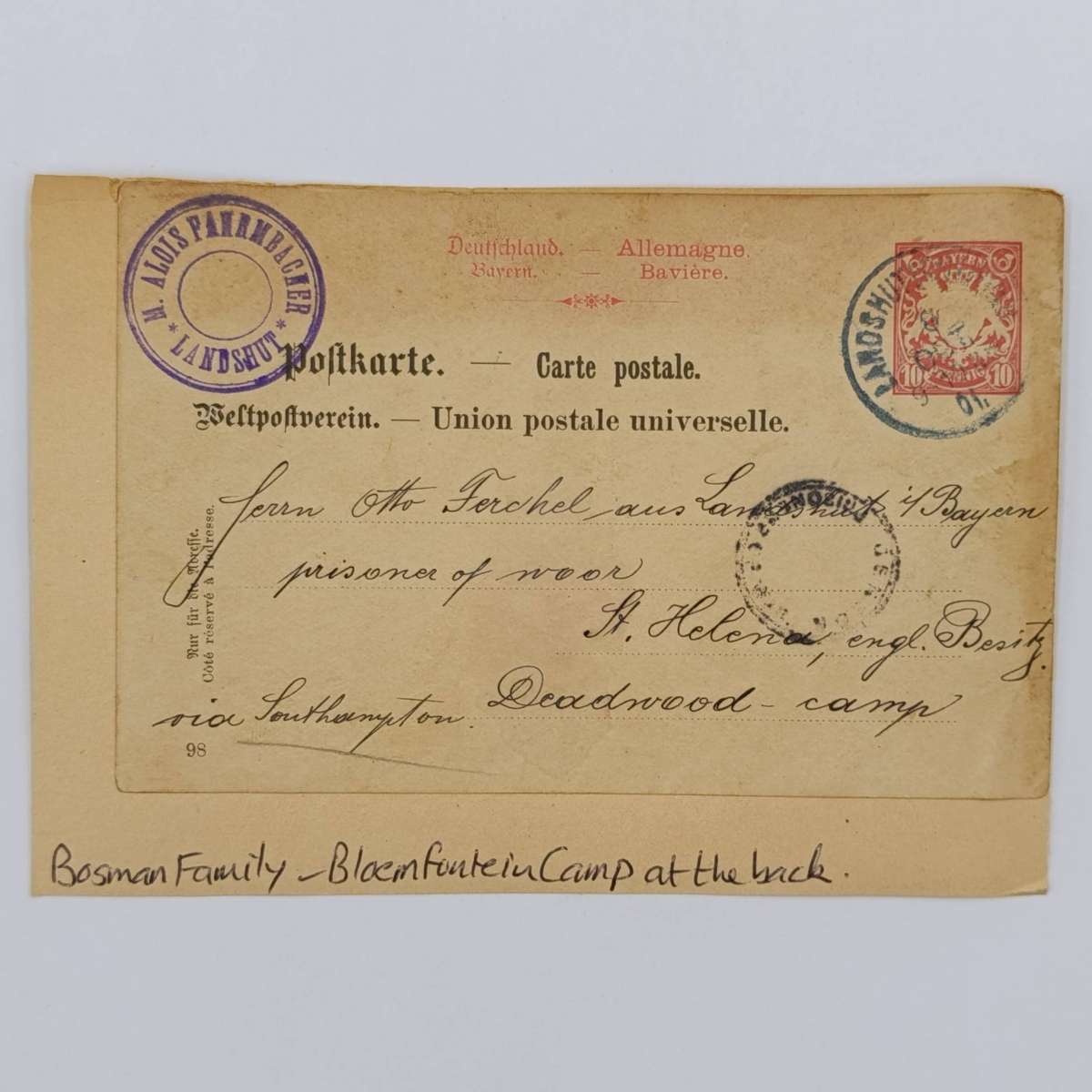 Boer War Photo of the Bosman family at the woman's camp Bloemfontein - at the back postcard posted