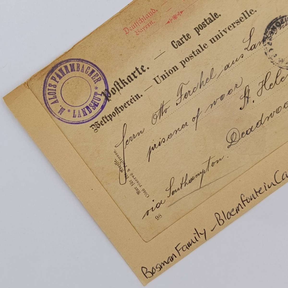 Boer War Photo of the Bosman family at the woman's camp Bloemfontein - at the back postcard posted