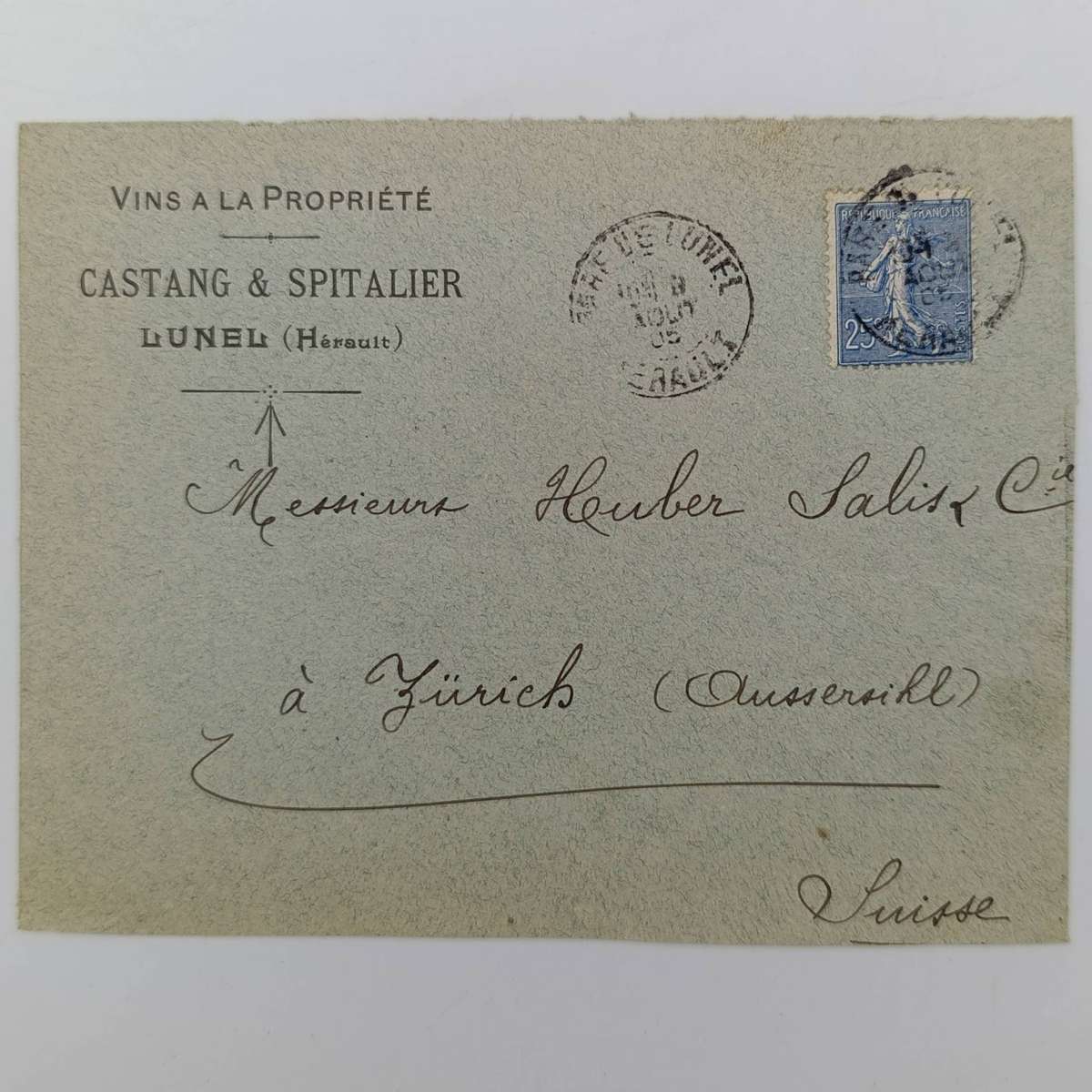 Postal Front France to Zurich, Switzerland with 25c French stamp cancelled 1905