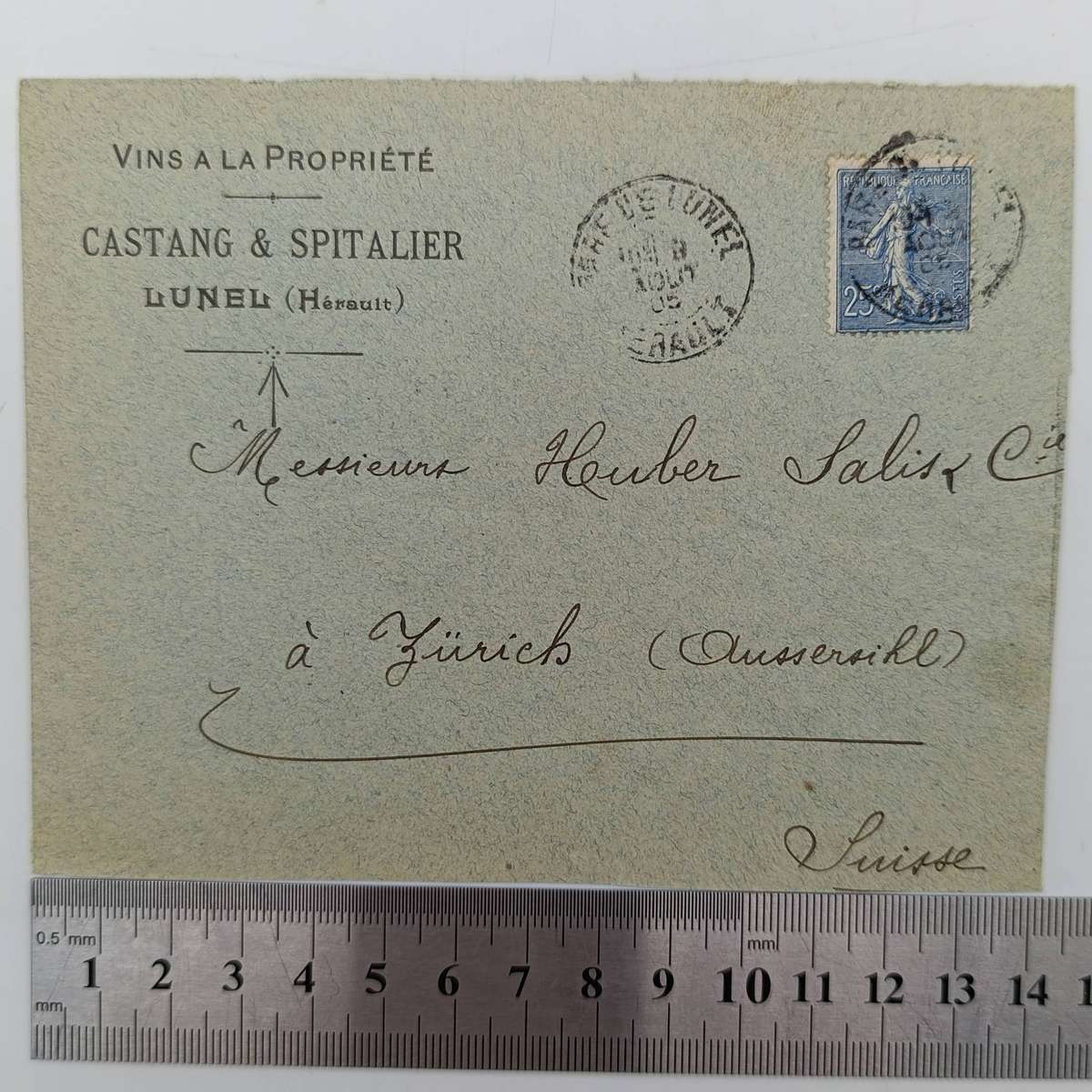 Postal Front France to Zurich, Switzerland with 25c French stamp cancelled 1905