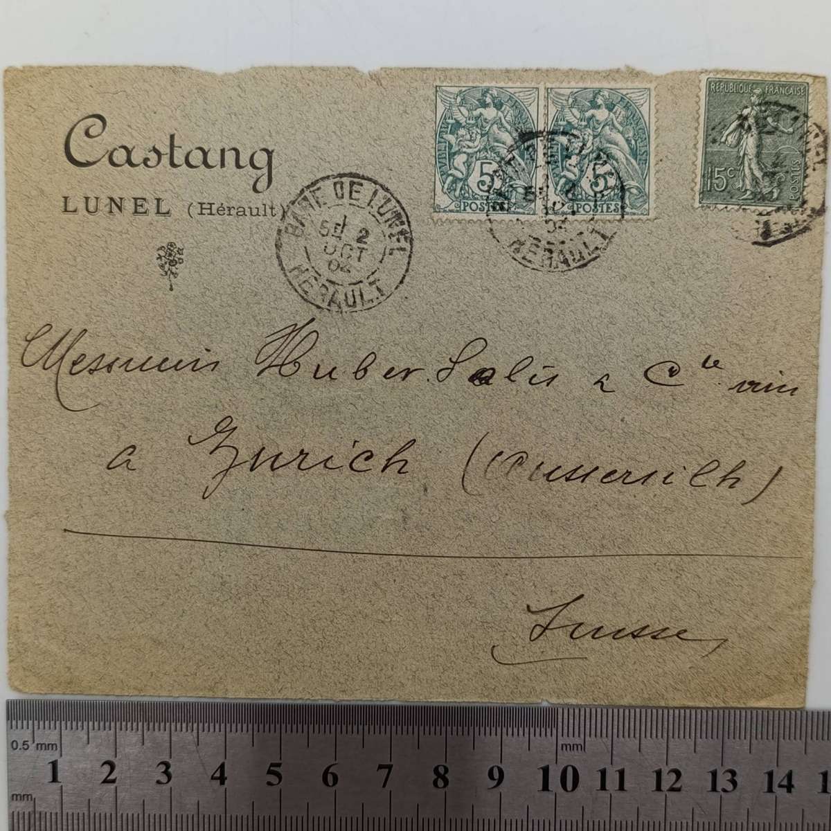 Postal cover front sent from France to Zurich, Switzerland with 3 French stamps cancelled 5 Oct 1904