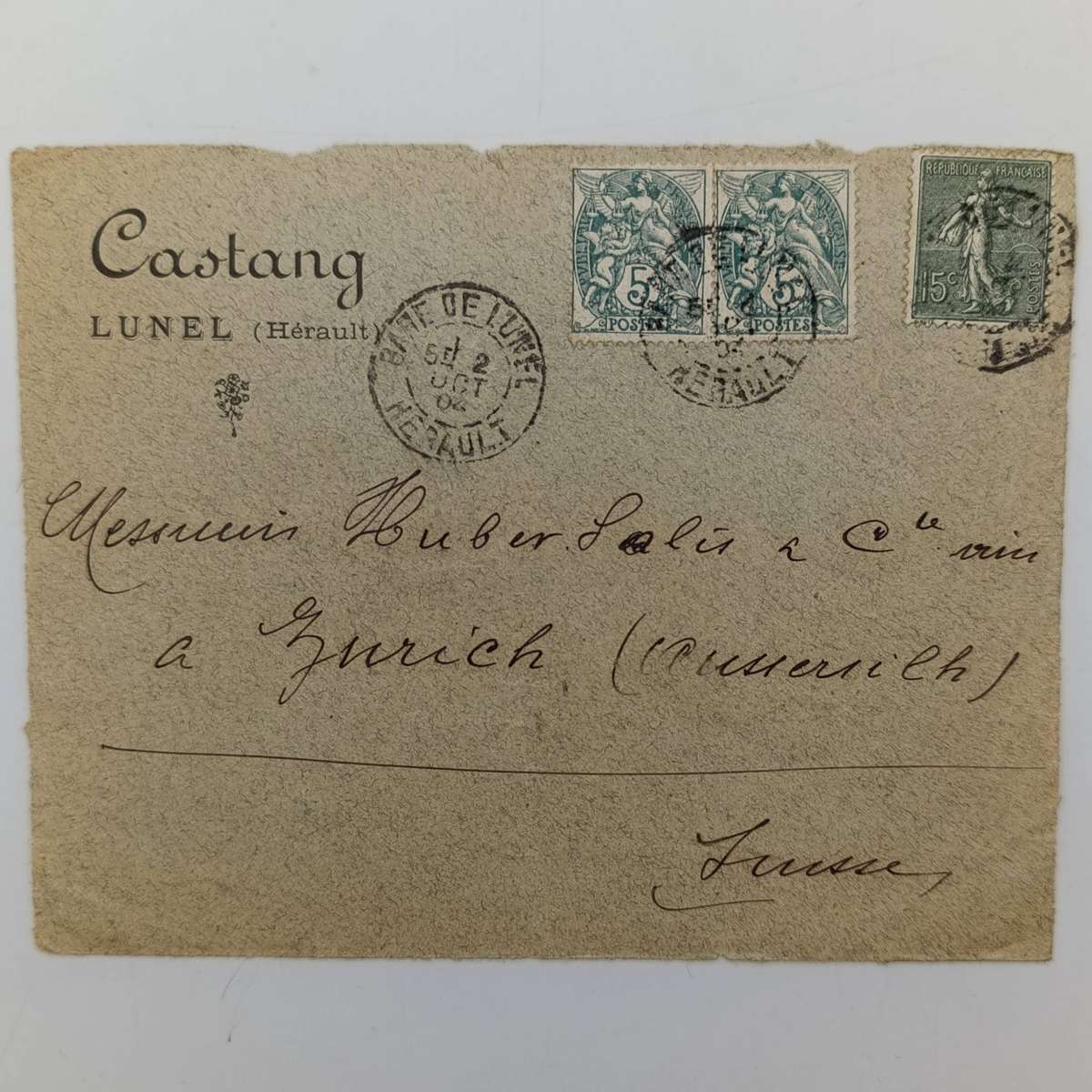 Postal cover front sent from France to Zurich, Switzerland with 3 French stamps cancelled 5 Oct 1904