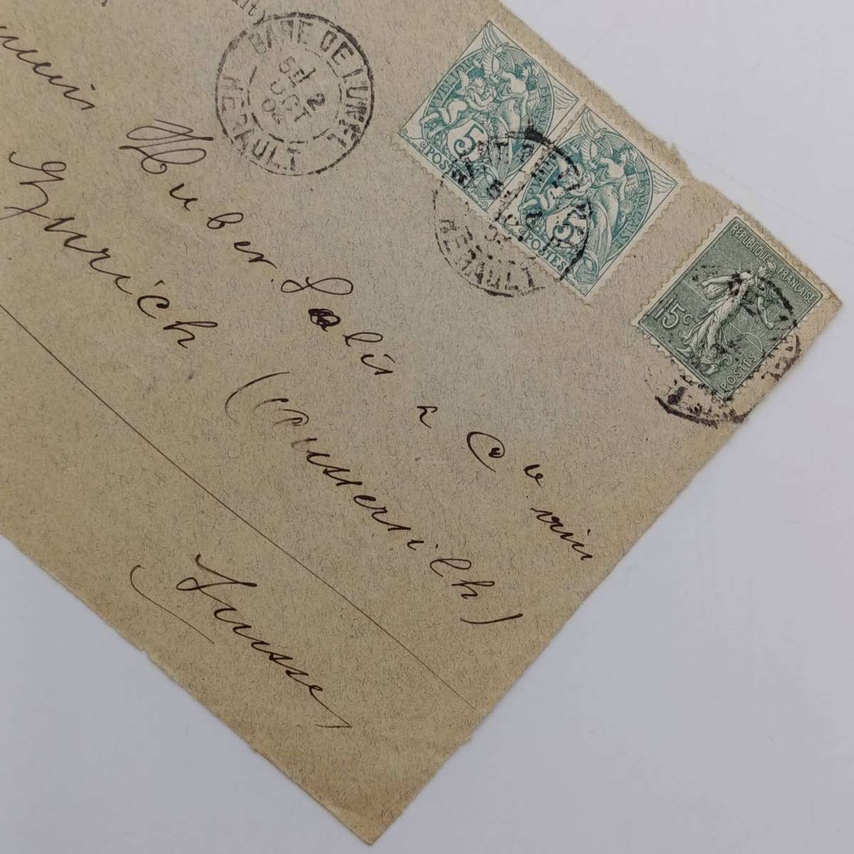 Postal cover front sent from France to Zurich, Switzerland with 3 French stamps cancelled 5 Oct 1904