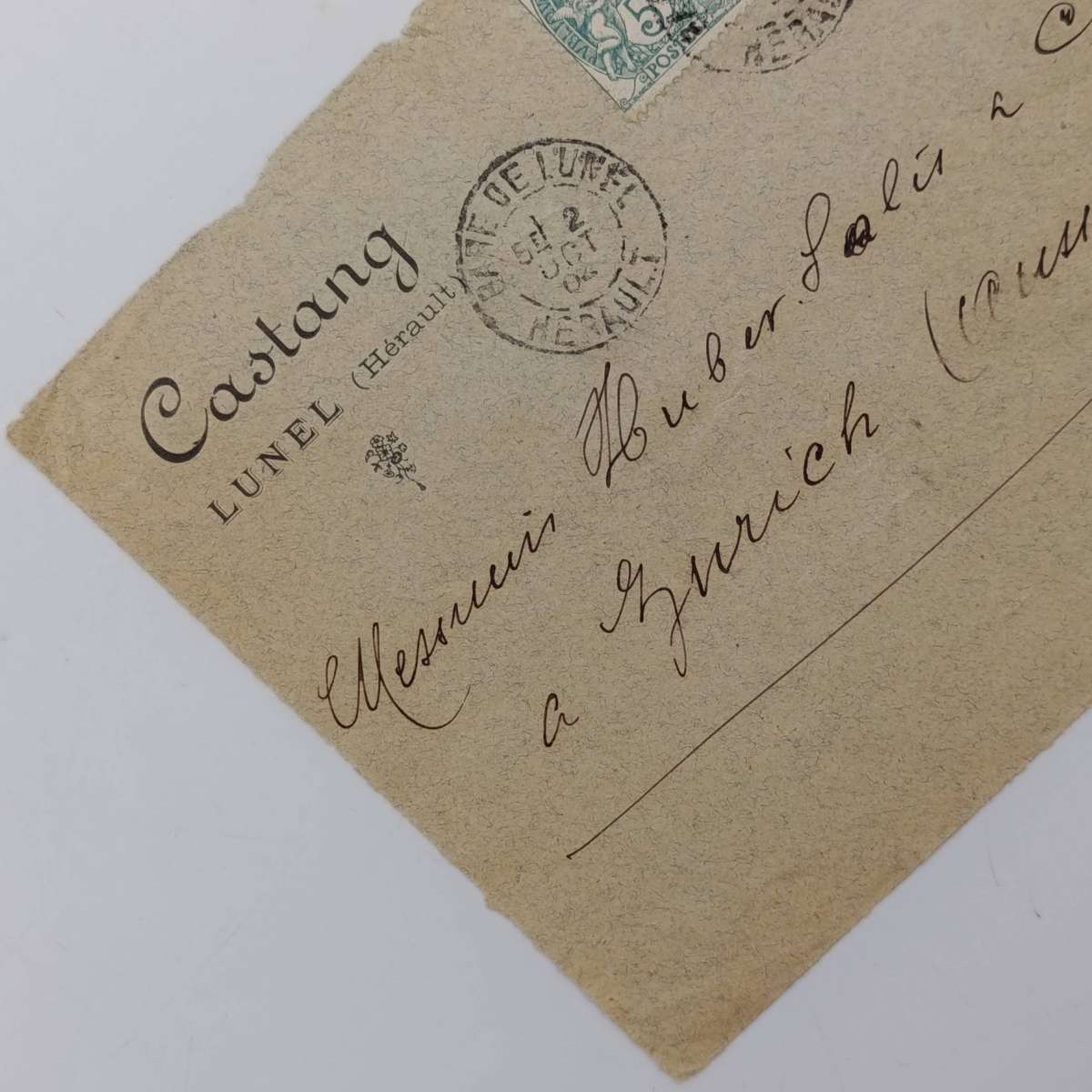 Postal cover front sent from France to Zurich, Switzerland with 3 French stamps cancelled 5 Oct 1904