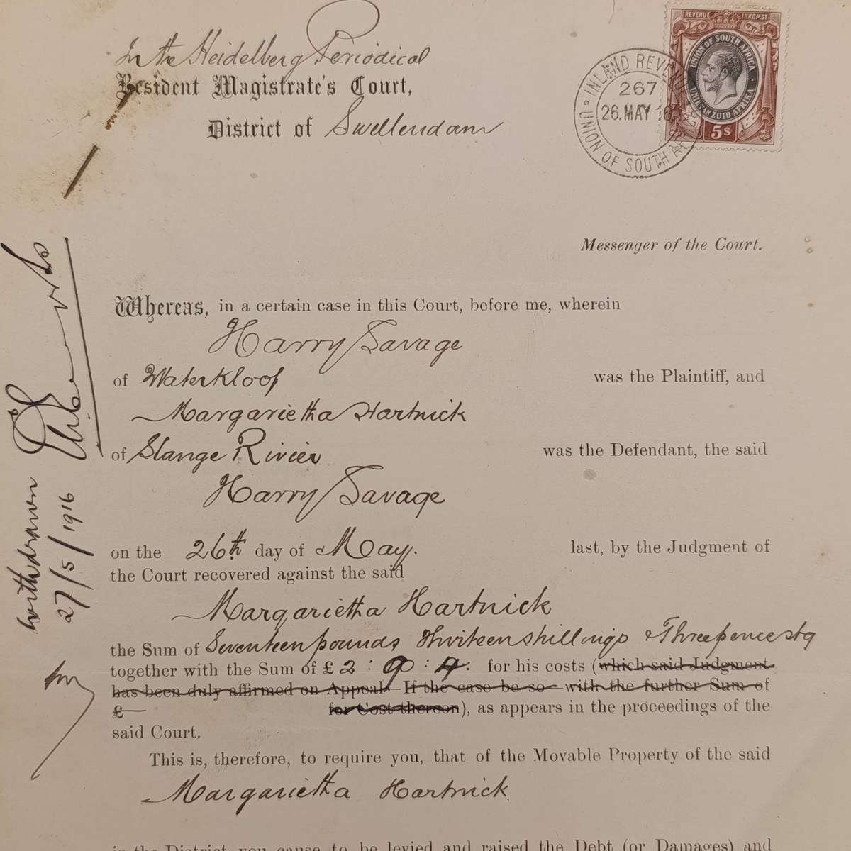 Safe in execution and related papers for a case claim by Harry Savage against Margarietha