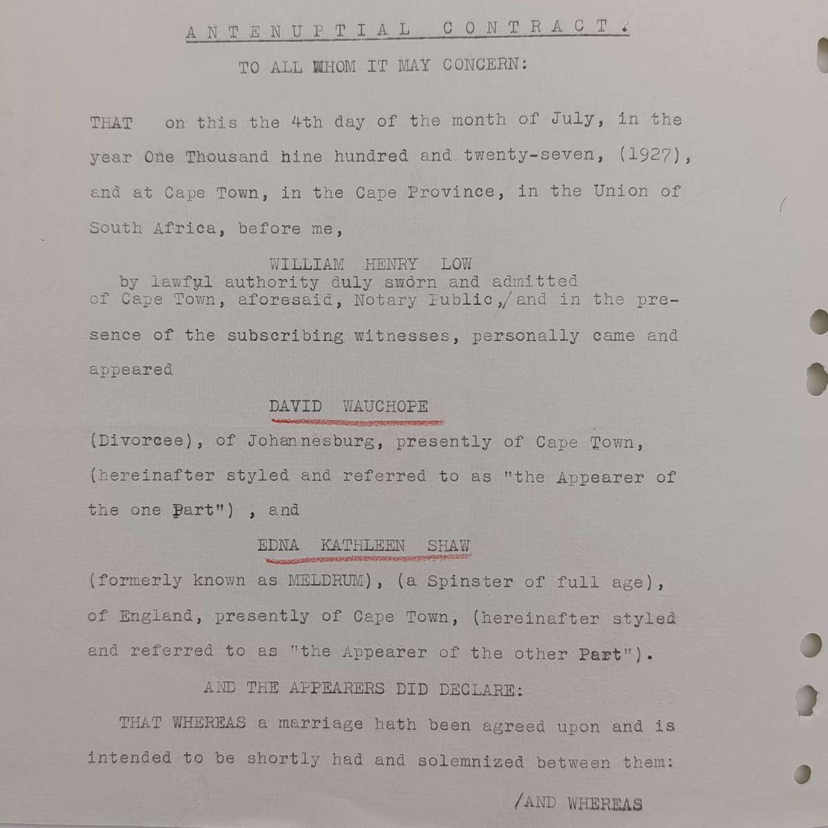 1927 Antenuptial contract between David Wauchope and Edna Kathleen Shaw - Cape Town