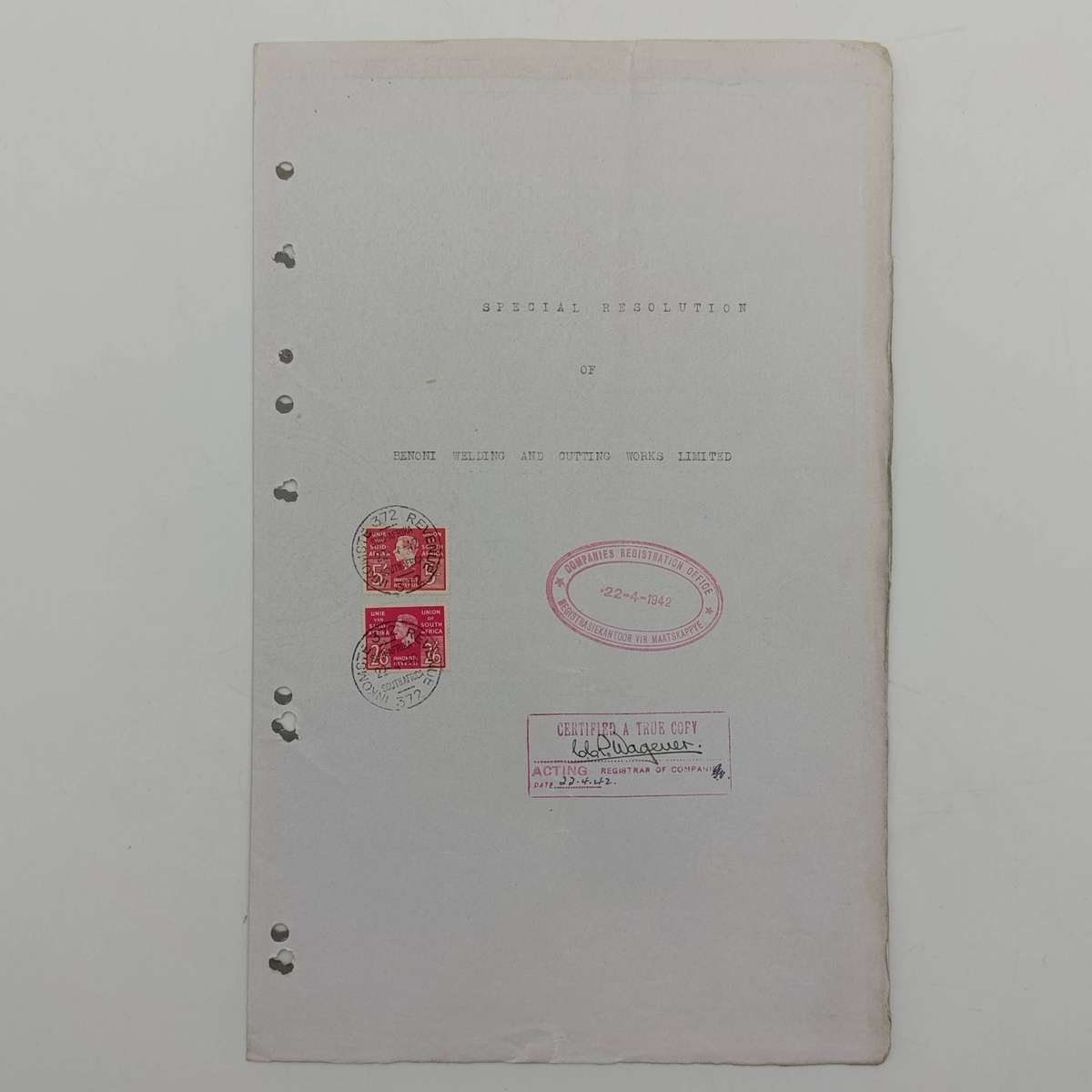 1942 Special resolution in terms of the companies act - Benoni welding and cutting works- certificat
