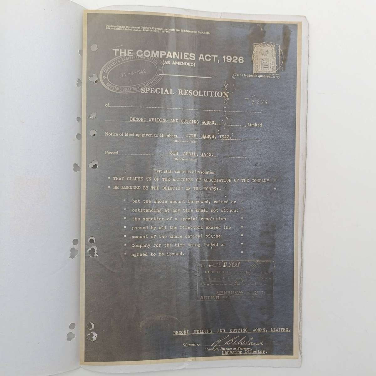 1942 Special resolution in terms of the companies act - Benoni welding and cutting works- certificat