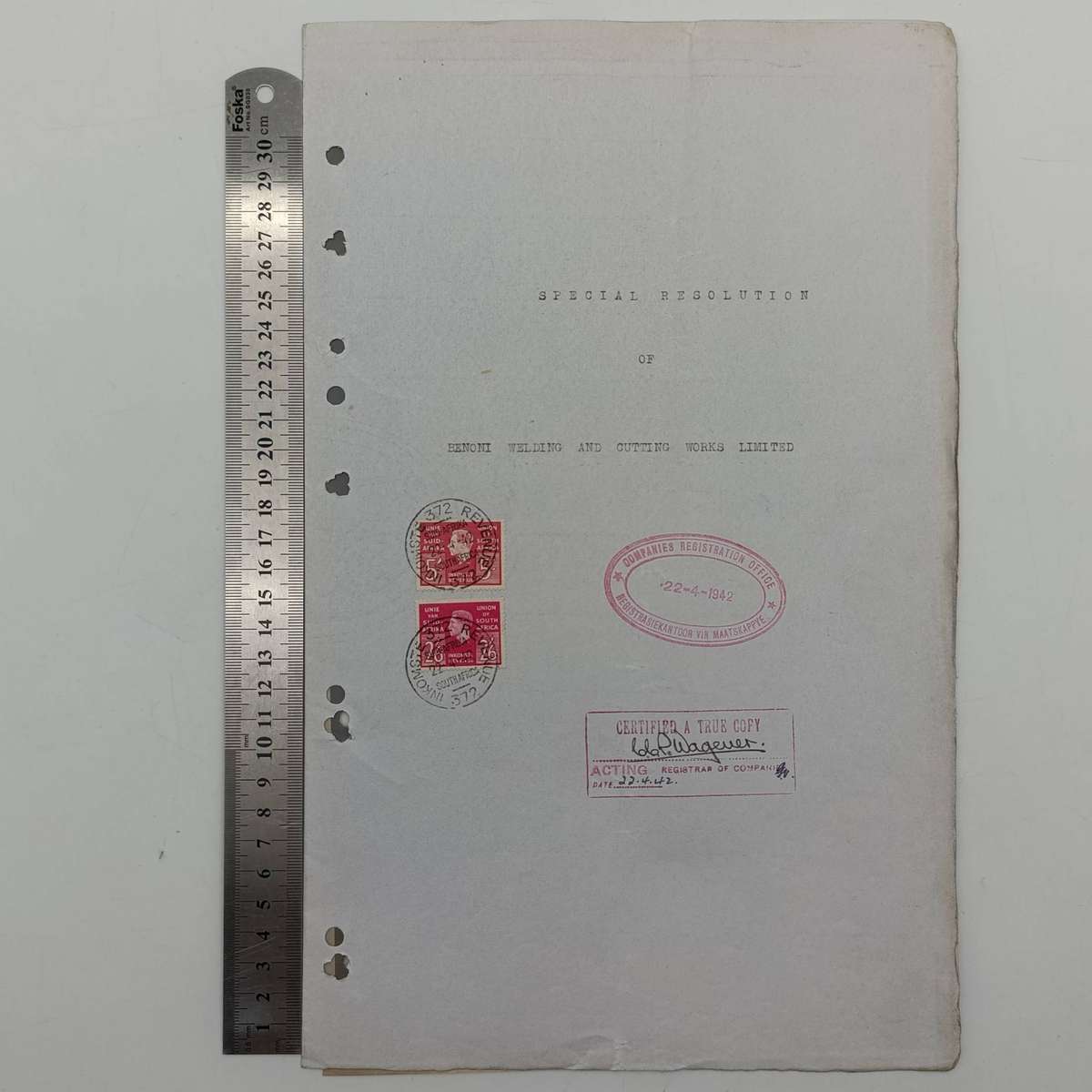 1942 Special resolution in terms of the companies act - Benoni welding and cutting works- certificat