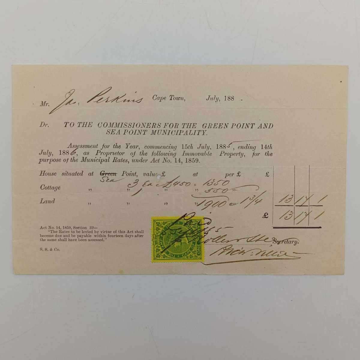 Municipal Tax Assessment - 1885 - Issued by Green point and Sea point Municipality to Jas Perkins -