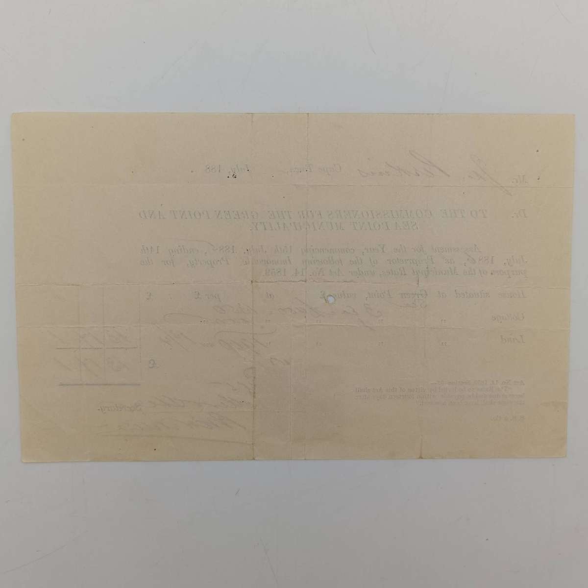 Municipal Tax Assessment - 1885 - Issued by Green point and Sea point Municipality to Jas Perkins -