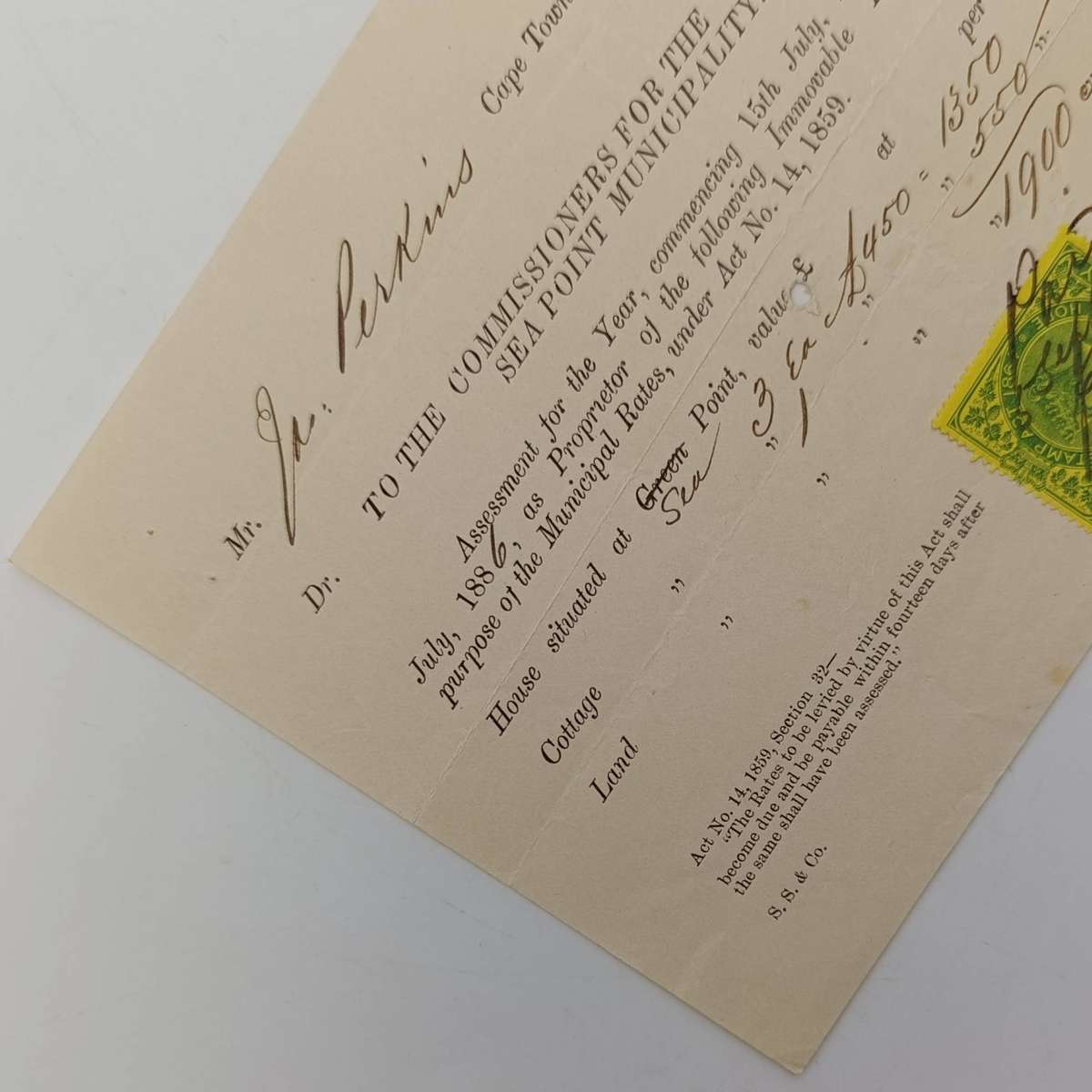 Municipal Tax Assessment - 1885 - Issued by Green point and Sea point Municipality to Jas Perkins -