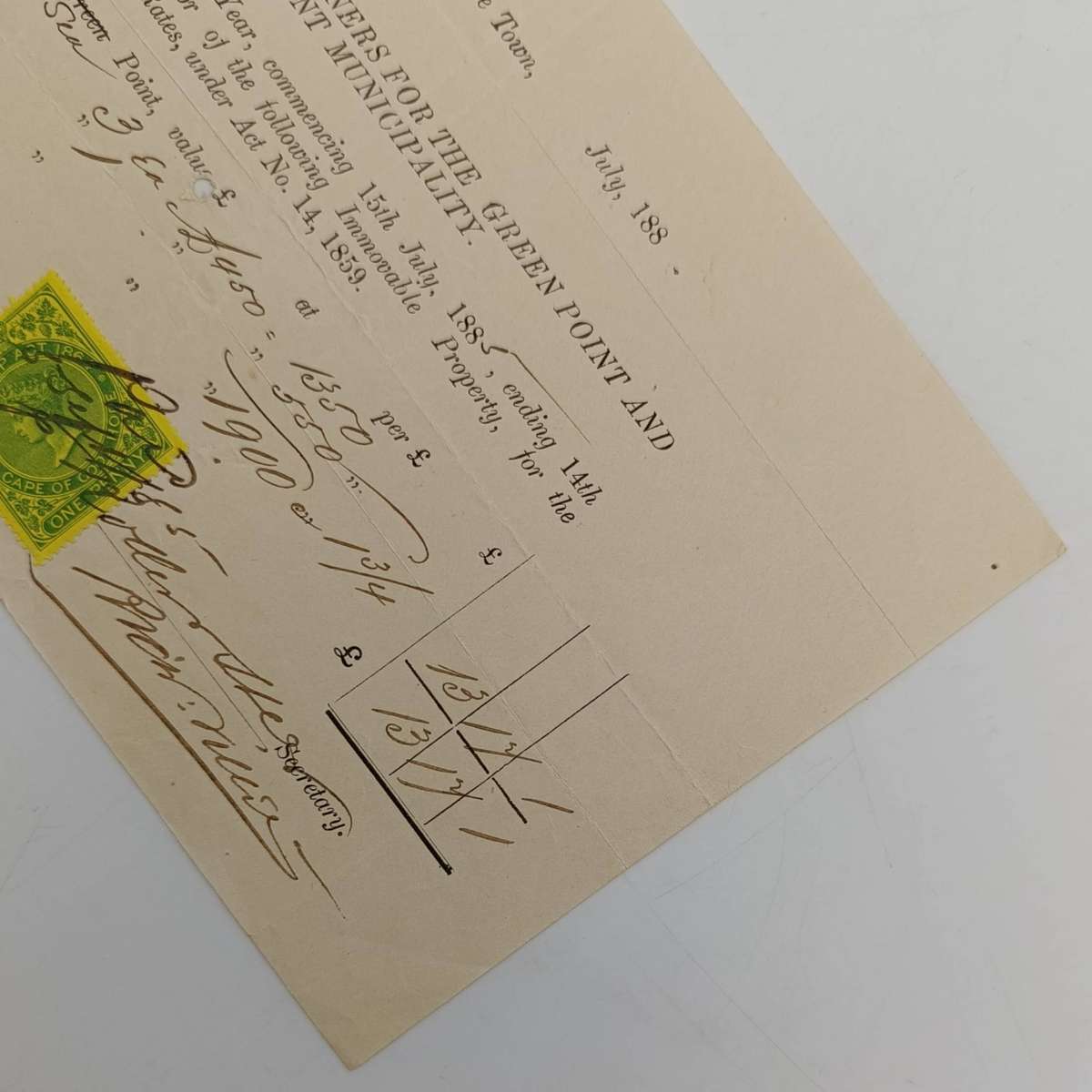 Municipal Tax Assessment - 1885 - Issued by Green point and Sea point Municipality to Jas Perkins -