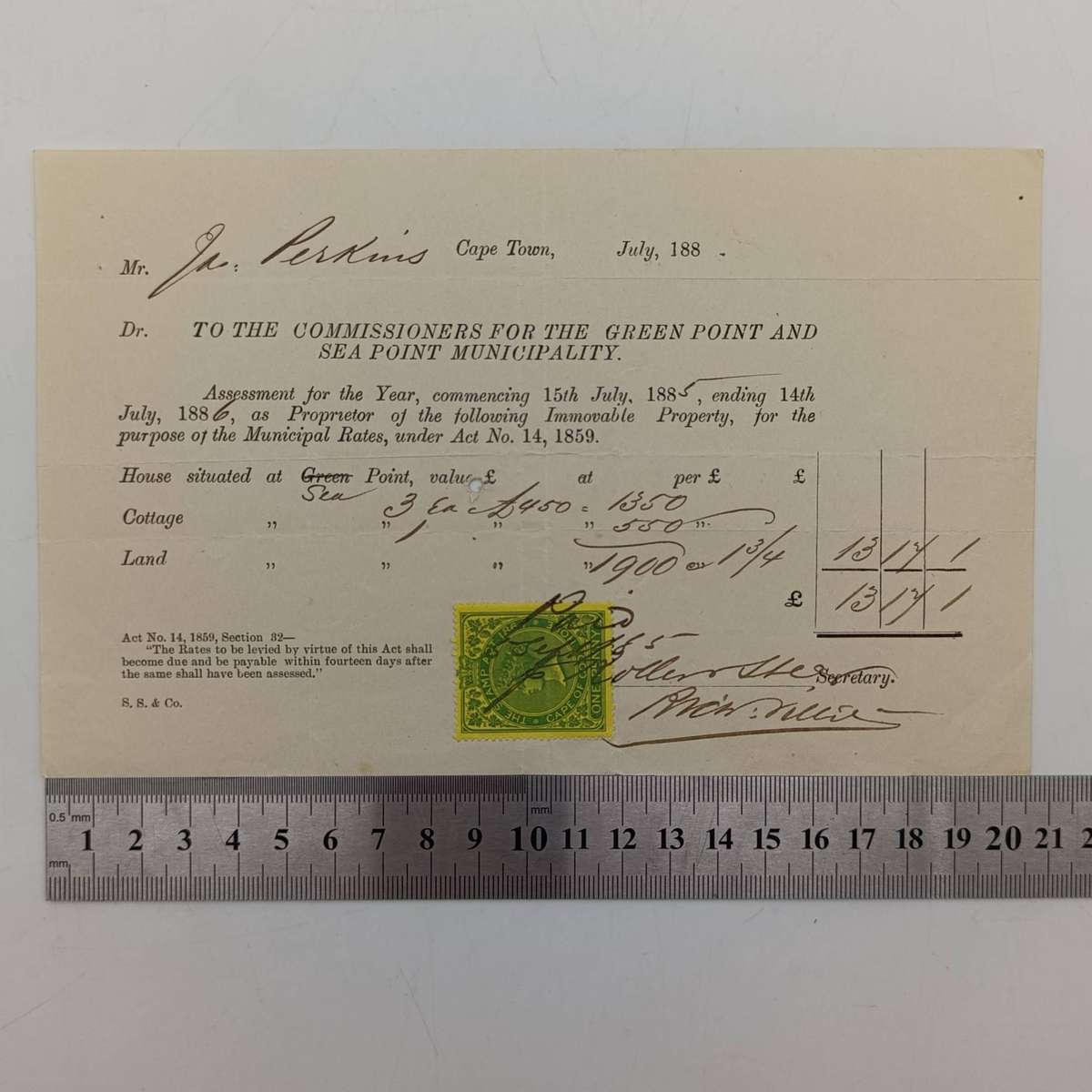 Municipal Tax Assessment - 1885 - Issued by Green point and Sea point Municipality to Jas Perkins -