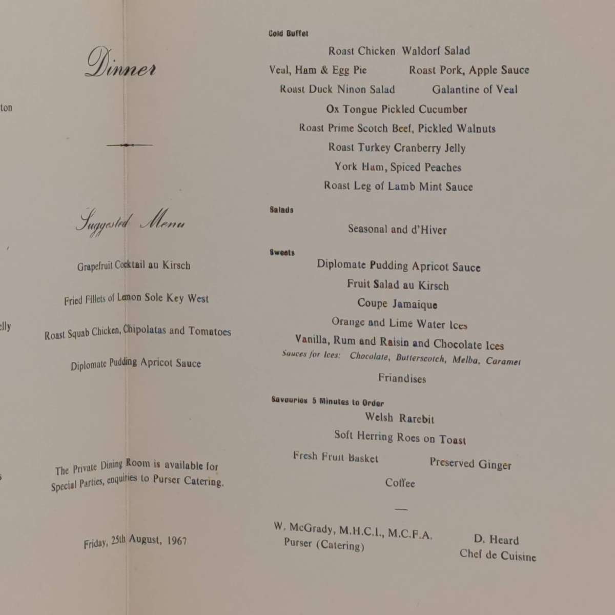 Union Castle line RMS Pendennis Castle 25 August 1967 Dinner menu