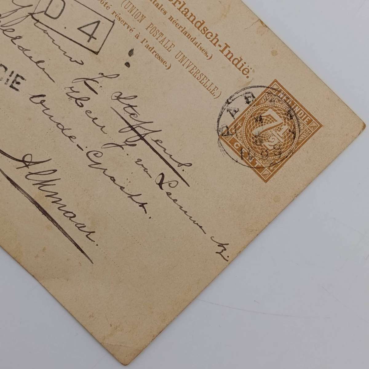 1889 postal card with 7.5c pre-printed postage - Nederlanandsche Indie to Almaar, Netherlands