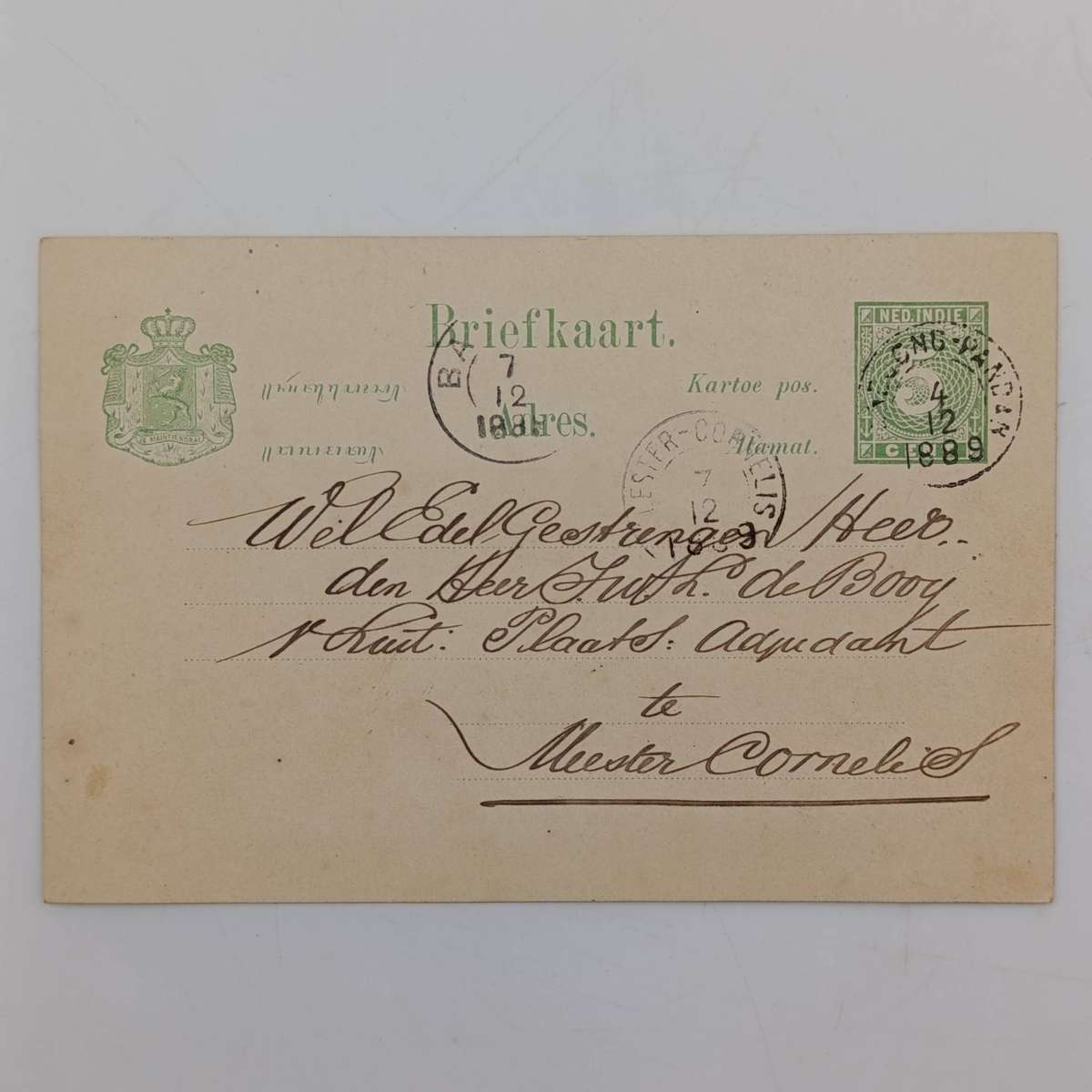 Nederlandsche Indie briefkaart van 1889 to Heer de Booy posted from Jandjongpandor to Meester Cornel
