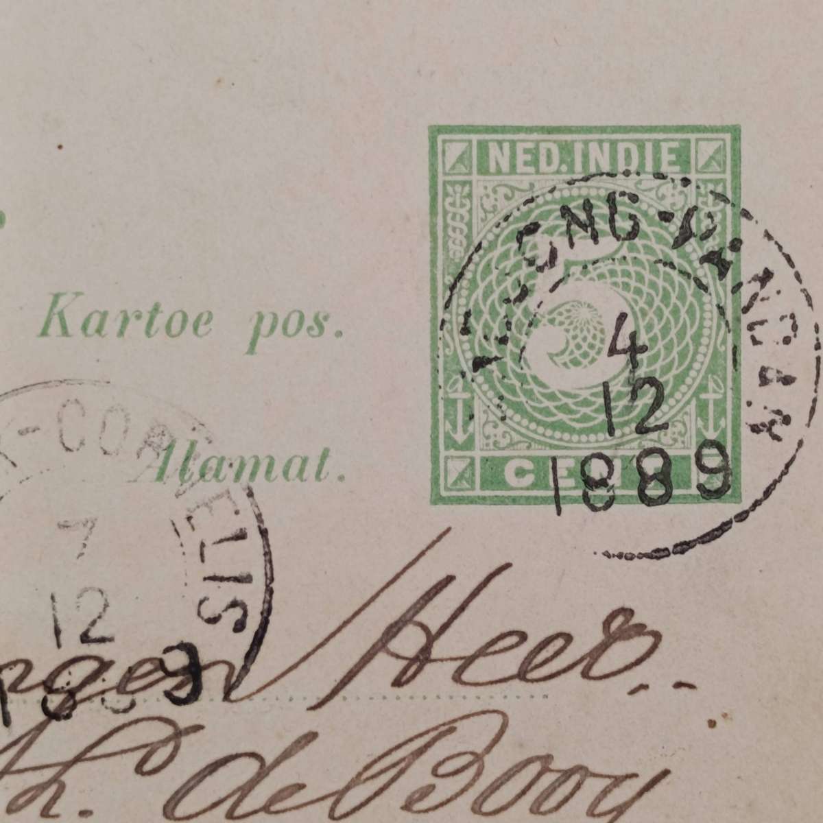 Nederlandsche Indie briefkaart van 1889 to Heer de Booy posted from Jandjongpandor to Meester Cornel