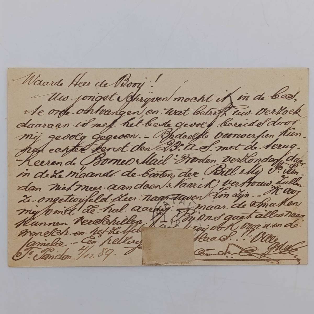 Nederlandsche Indie briefkaart van 1889 to Heer de Booy posted from Jandjongpandor to Meester Cornel