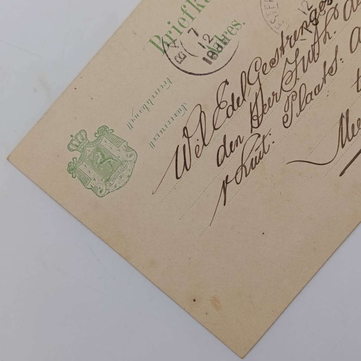 Nederlandsche Indie briefkaart van 1889 to Heer de Booy posted from Jandjongpandor to Meester Cornel