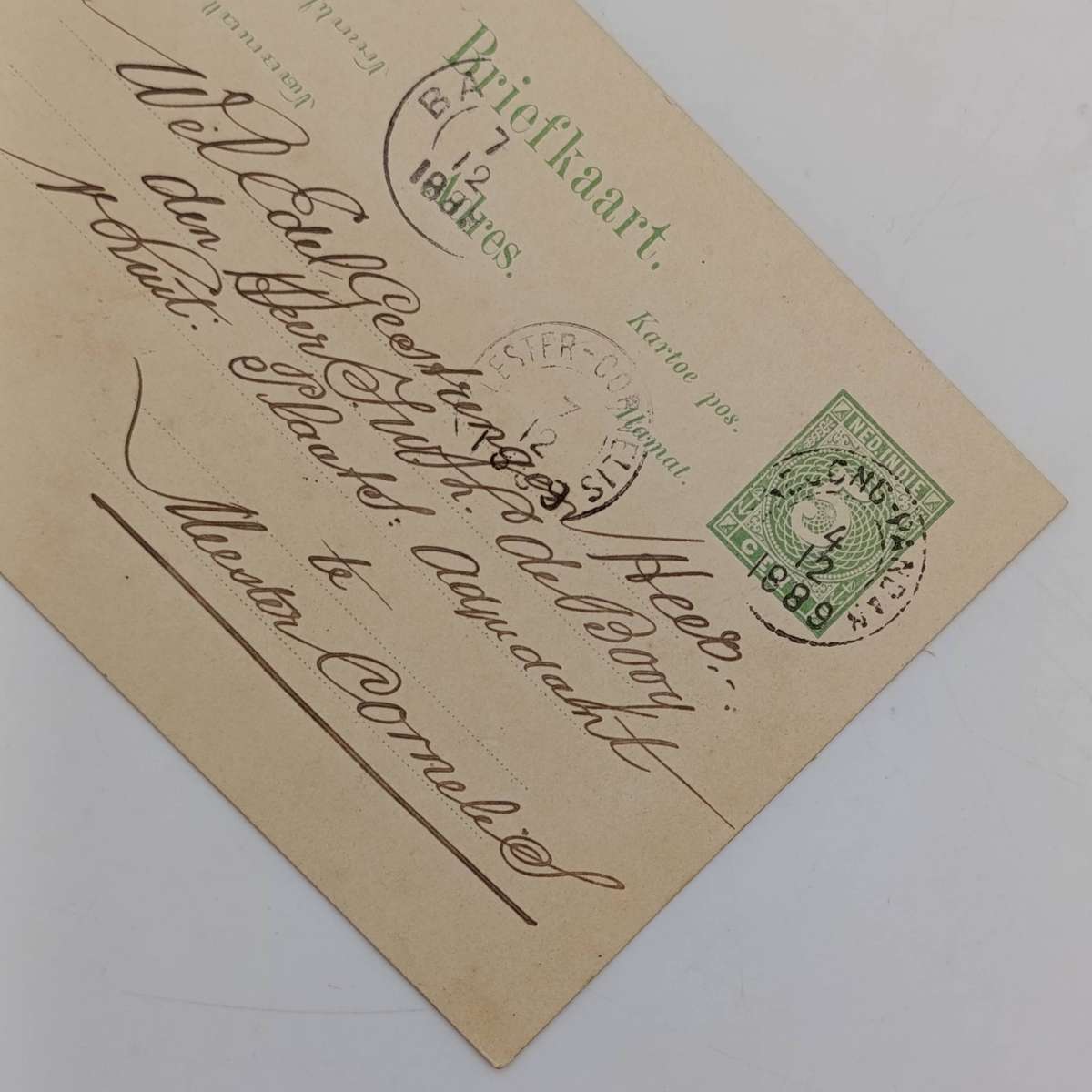 Nederlandsche Indie briefkaart van 1889 to Heer de Booy posted from Jandjongpandor to Meester Cornel