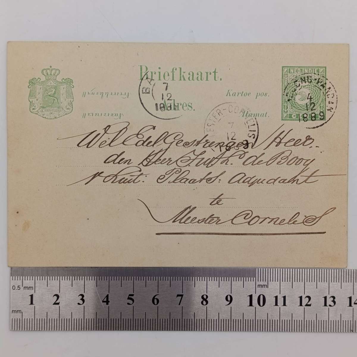 Nederlandsche Indie briefkaart van 1889 to Heer de Booy posted from Jandjongpandor to Meester Cornel