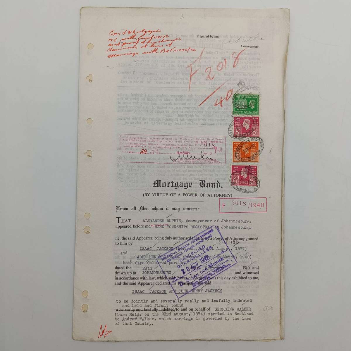 Mortgage Bond Power of Attorny and Affidavits with 8 revenue stamps - Bond dated 1940