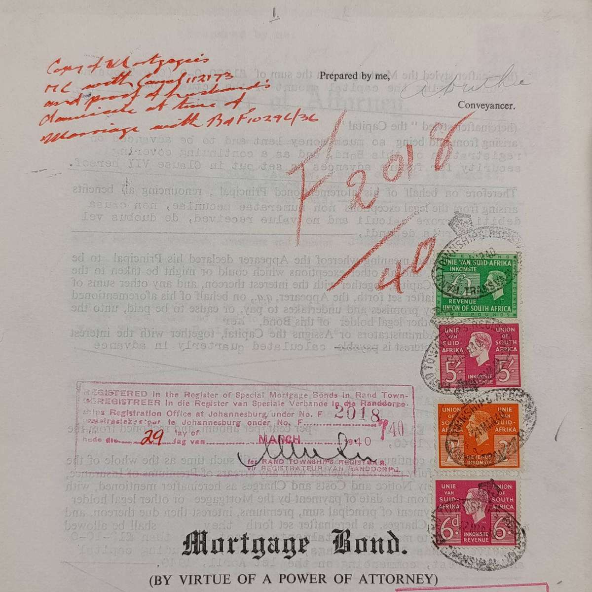 Mortgage Bond Power of Attorny and Affidavits with 8 revenue stamps - Bond dated 1940