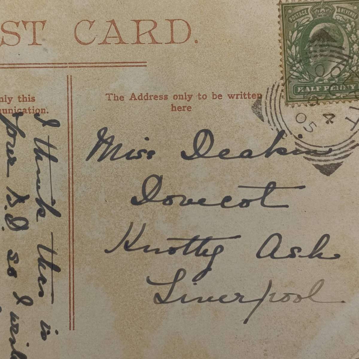 Postcard posted 4 Nov 1905 Woolprt, England to Liverpool - Squared circle cancellation