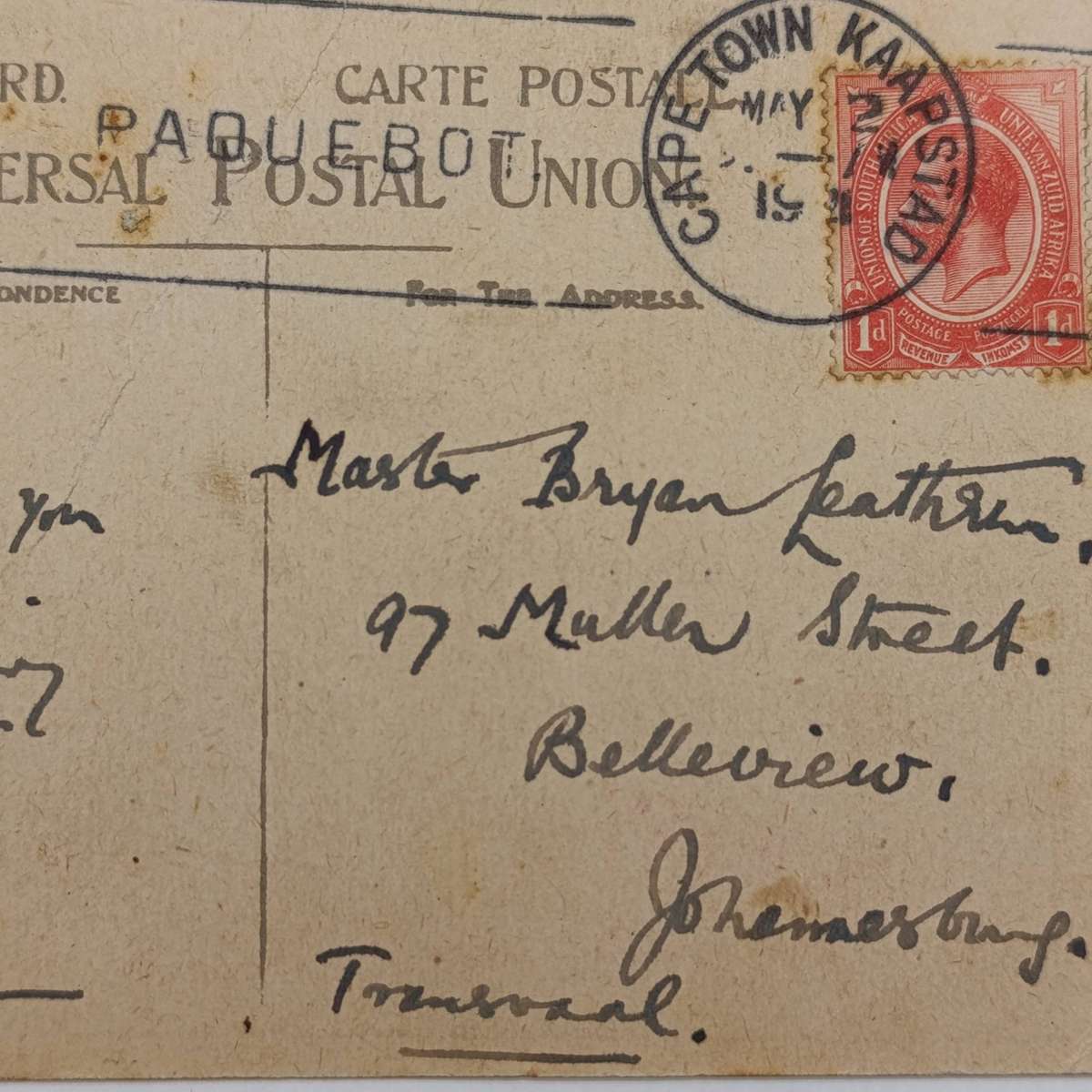 1921 Union Castle postcard - posted on board Paquebot