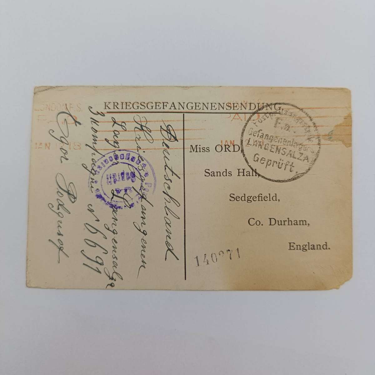 WW1 Acknowledgement card from P.O.W - written in Russian displaying thanks for parcels received